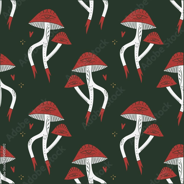 Obraz Cartoon funny fly agaric mushrooms groovy whimsical seamless pattern art. Doodle cute woodland fungi nature environment characters background. Hand-drawn bohemian wrapping paper. Scandinavian magic
