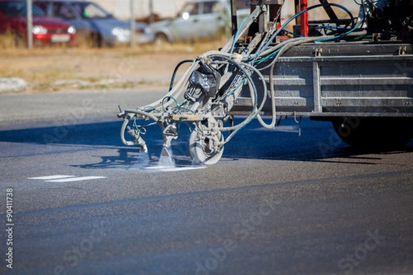 Fototapeta Teamwork: Pavement Asphalt Road Marking Paint and Striping with