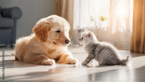 Obraz 部屋でくつろぐゴールデンレトリバーと猫