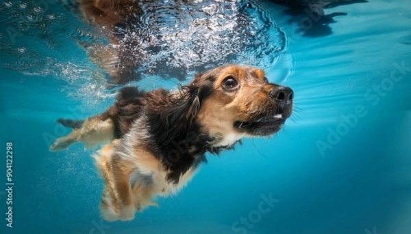 Obraz 水中を泳ぐ犬