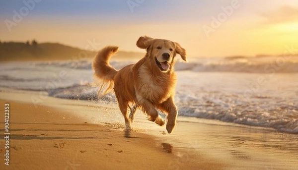 Obraz 海辺を走るゴールデン・レトリバー
