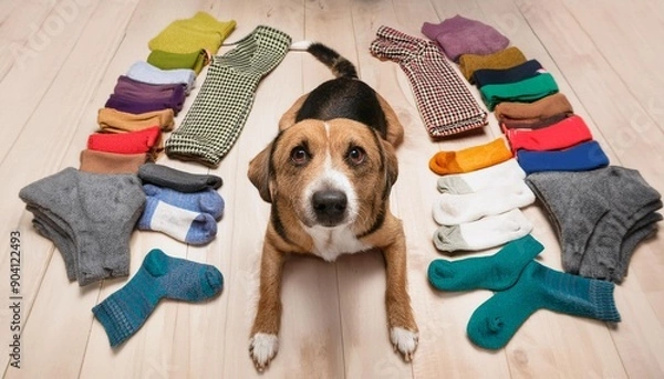 Obraz 飼い主の靴下を収集する犬
