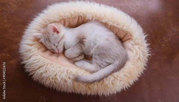 Obraz ベッドで気持ちよさそうに眠っている子猫