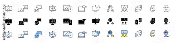 Fototapeta Video conference set icons. Linear, silhouette and flat styles. Vector icons.