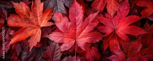 Fototapeta Closeup of red maple leaves, botanical background close up, autumn theme, vibrant, overlay, forest, copy space for text