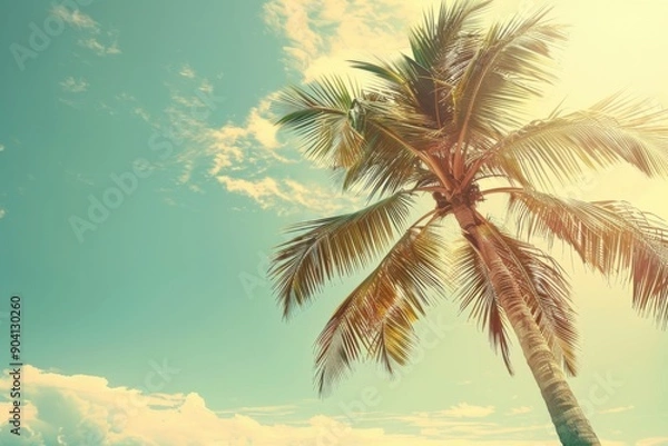 Fototapeta Coconut Palm. Vintage Summer Vibes with Tropical Palm Tree on Beach