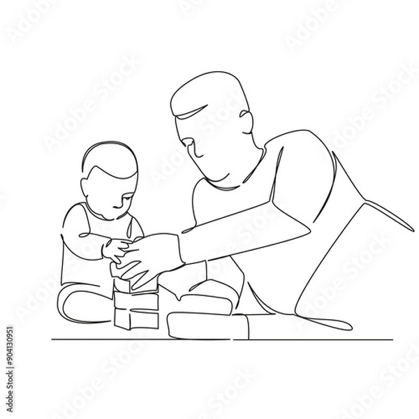 Fototapeta One continuous single drawing line art flat doodle kid, child, father, man, together, small, dad, parent, playing, little. Isolated image hand draw contour on a white background