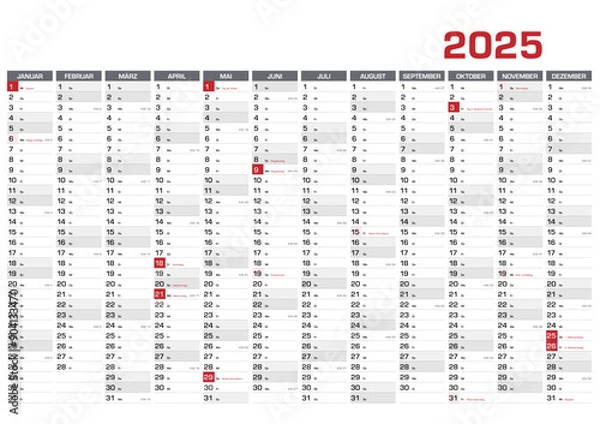 Fototapeta Jahresplaner DIN A1 für 2025 mit KW und Feiertagen