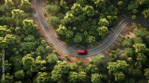 Fototapeta Aerial view of a winding road through a lush forest with a red car driving on it.