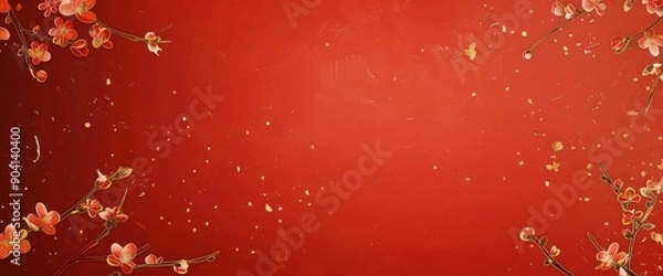 Fototapeta Red background, illustration gold line drawing style with small flowers on the left and right sides of the picture.