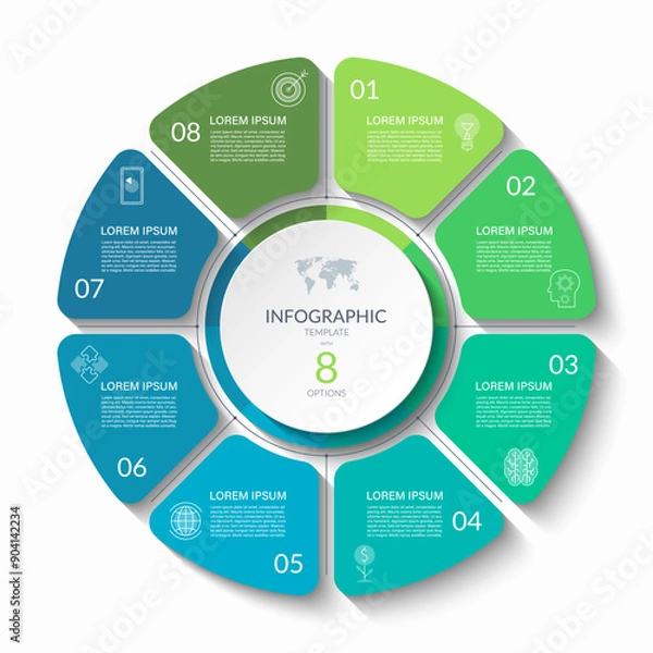 Obraz Infographic circular vector template with 8 options, parts. 8-step cycle diagram for business infographics. Process chart, vector banner for presentation, report, brochure, web, data visualization.