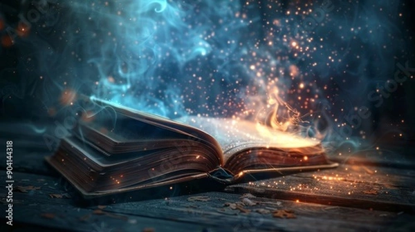 Fototapeta An old book burns with blue and orange flames, emitting sparks and smoke.
