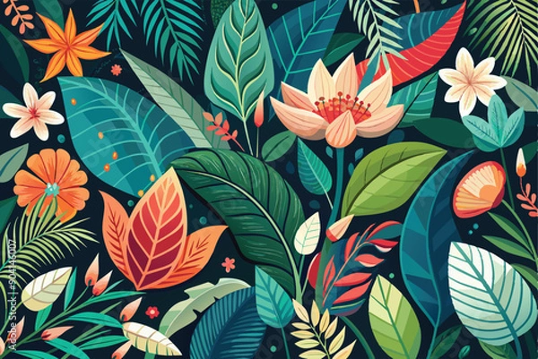 Fototapeta Colorful tropical floral background. Blooming flowers. Can be used as poster, exotic wallpaper. Vector illustration.