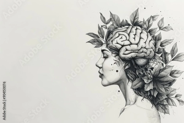 Fototapeta Black and White Human Head with Leaves Creative Abstract Art Monochromatic Design Nature and Intelligence Concept Modern Illustration