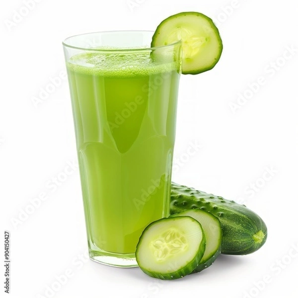 Fototapeta Medium shot of Glass of green cucumber juice near the cucumber, isolated on a white background, 