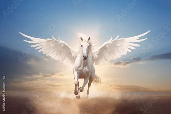 Fototapeta Front view of white pegasus horse spread wings and flying on the water surface with clouds and blue sky background