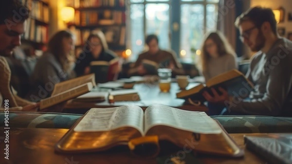 Fototapeta Cozy Bible Study Group Gathering in a Warm, Inviting Room with Books and Soft Lighting