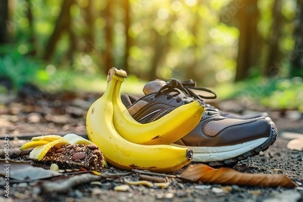 Fototapeta Banana with an energy bar and a pair of running shoes