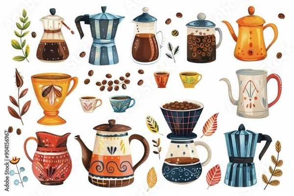 Fototapeta Illustrated coffee pots and mugs with coffee beans and decorative elements.
