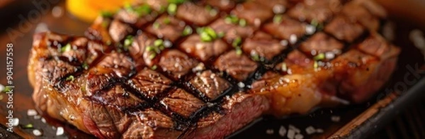 Obraz Deliciously grilled steak, perfectly cooked with a crispy outer layer and juicy interior, garnished with herbs and seasoned to perfection.