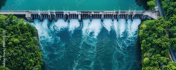 Obraz River hydroelectric dam, renewable energy powerhouse, top view, modern sustainability, technology tone, Complementary Color Scheme, copy space for text