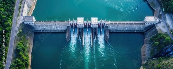 Obraz River hydroelectric dam, renewable energy powerhouse, top view, modern sustainability, technology tone, Complementary Color Scheme, copy space for text