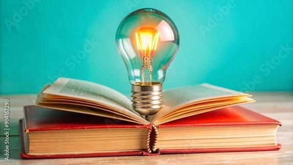Fototapeta Light bulb of thought on book, analysis, learning concept