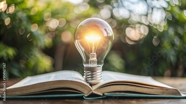 Fototapeta Light bulb of thought on book, analysis, learning concept