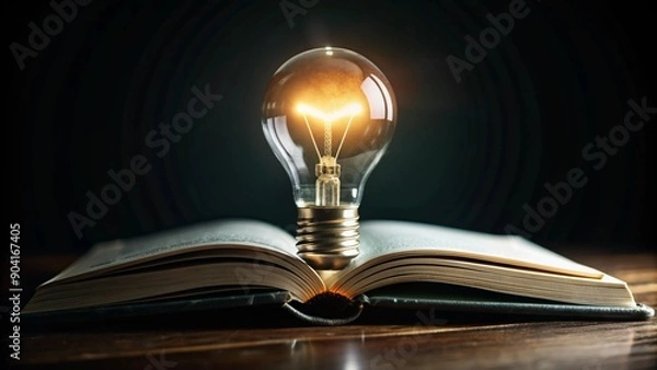 Fototapeta Light bulb of thought on book, analysis, learning concept