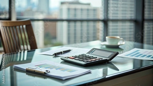 Fototapeta A calculator placed on paper in the office is used for financial calculations.