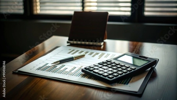 Fototapeta A calculator placed on paper in the office is used for financial calculations.
