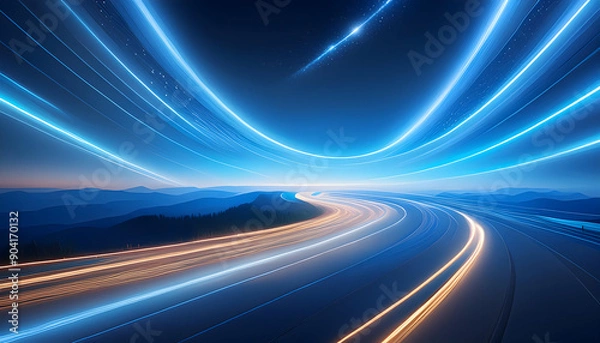 Fototapeta Bright blue sky light trails curve dynamically against a dark background.