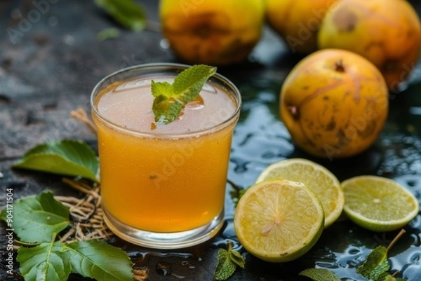 Fototapeta Wood apple juice known as Indian belgiri cleanses liver strengthens digestive system regulates bowel movement and cures abdominal diseases
