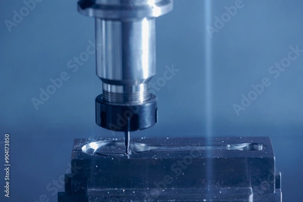 Fototapeta Closeup CNC milling machine during operation. Produced cutting metal parts, banner background of industry heavy factory