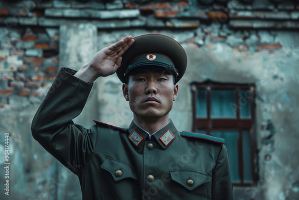 Obraz North Korean Soldier Saluting With Precision in Front of Deteriorating Building During Daylight