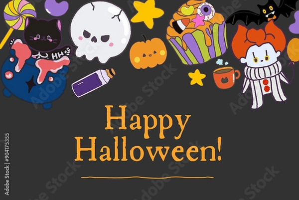 Obraz Doodle cute illustrations: pumpkin head, black cat, funny skeleton, ghosts, eyes