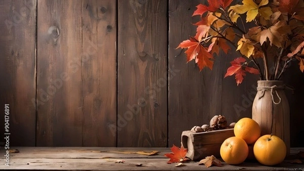 Fototapeta Autumn still life on rustic wooden background with