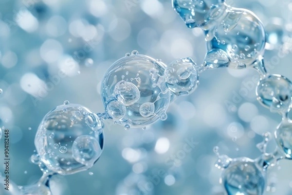 Fototapeta Close-up of water molecules forming a chain in a blue abstract background
