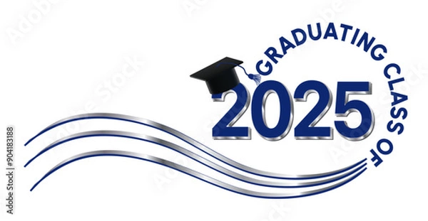 Obraz White background - Graduating Class of 2025 in blue and silver text in circle. 2025 is in royal blue text. Graduation cap with blue tassel on top of the year. Wavy silver and blue lines accent.