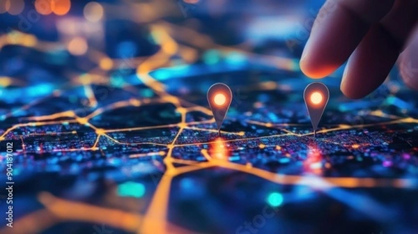 Fototapeta Illustration of digital GPS innovation with Hand Placing two pins on a map, delivery location map, future transportation logistics with GPS. Ai generated image