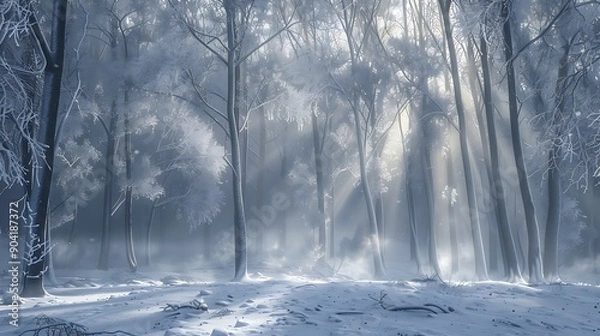 Fototapeta A view of a forest with misty morning light shining through snow covered trees