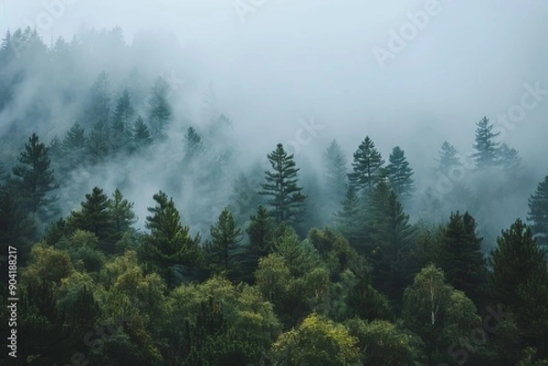 Fototapeta Misty Forest Landscape with Pine Trees