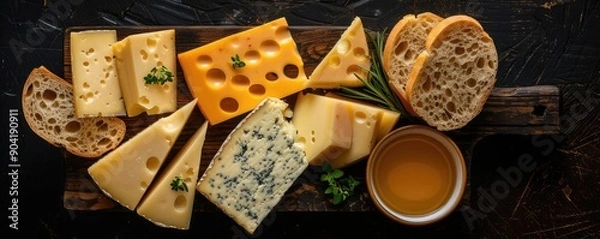 Fototapeta Assorted cheeses with slices of bread and a drink arranged on a wooden board, perfect for a gourmet meal or wine tasting session.