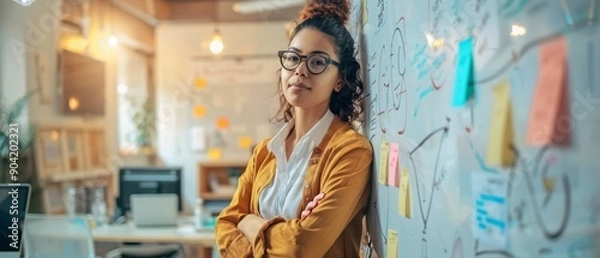Fototapeta A confident woman stands against a wall covered with notes and diagrams in a modern office, exuding professionalism and creativity