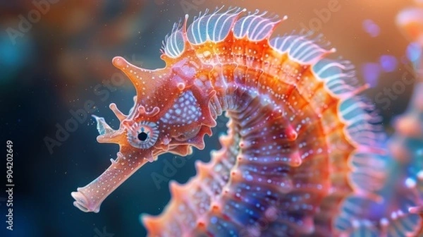 Fototapeta Intricate macro shot of a seahorse tail and body highlighting the textures and vibrant colors viewed from the side