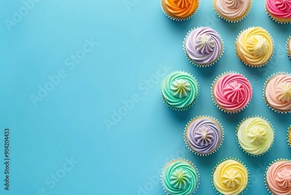 Fototapeta Small cupcakes in vibrant colors on pastel blue background with blank space on the side. Ai generative