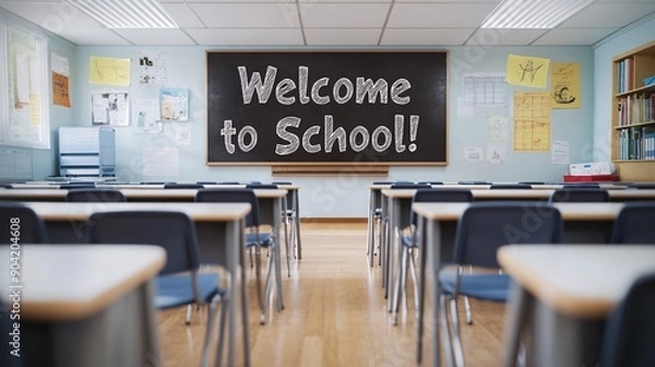 Fototapeta A brightly lit classroom scene featuring rows of neatly arranged desks, creating a welcoming and organized learning environment. At the front of the room, a large chalkboard displays the cheerful