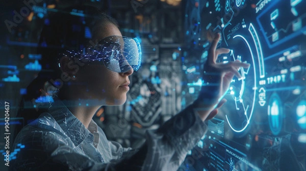 Fototapeta Woman using holographic interfaces for data analysis