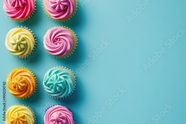 Fototapeta Small cupcakes in vibrant colors on pastel blue background with blank space on the side. Ai generative