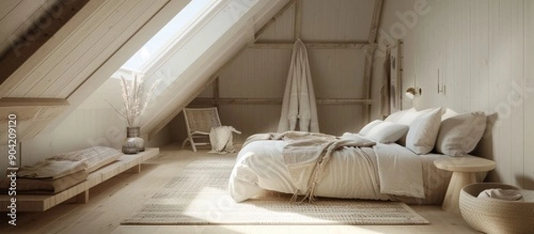 Fototapeta Discover a serene and stylish Scandinavian style attic retreat with clean lines neutral colors natural materials and a relaxing ambiance perfect for unwinding Includes copy space image